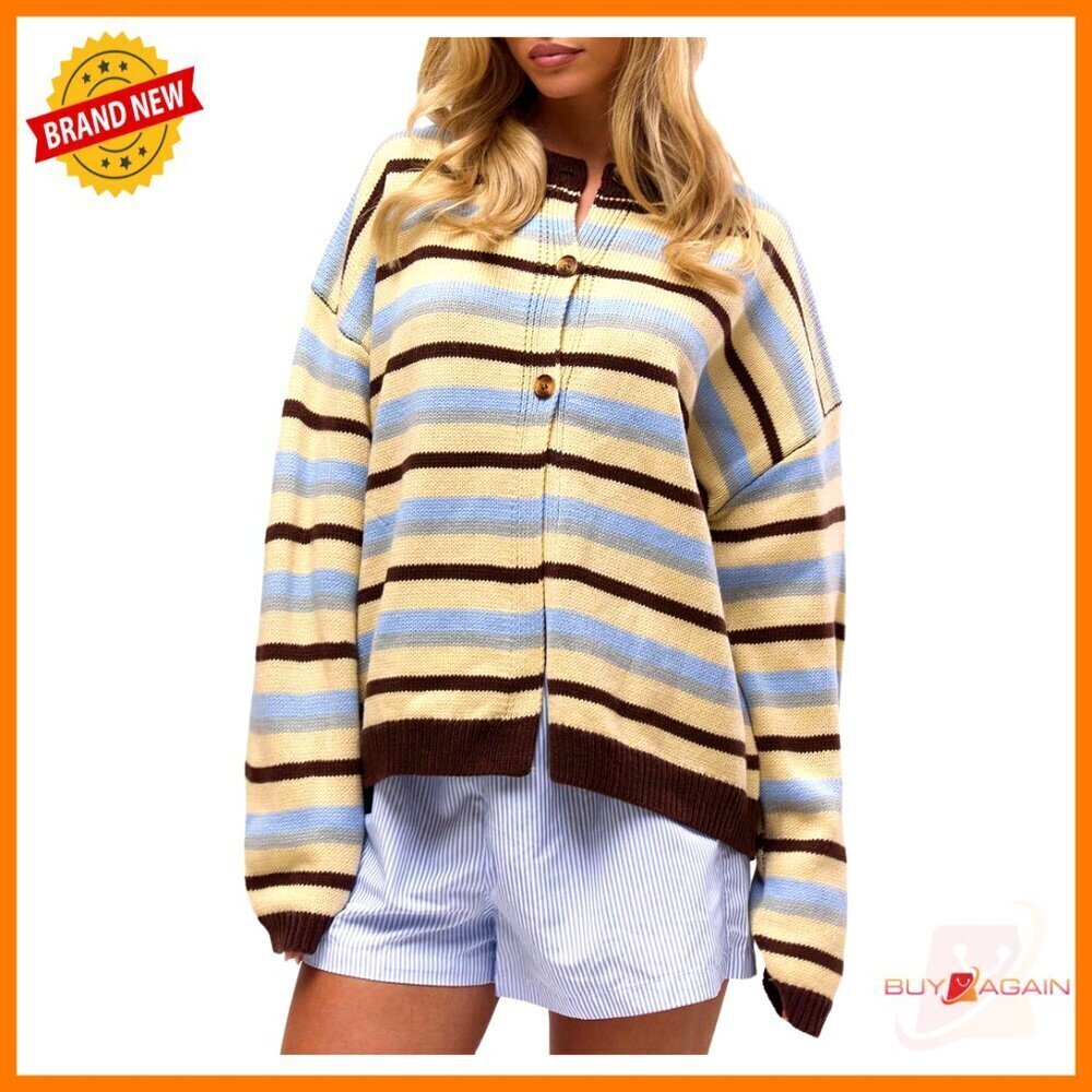 Striped Cardigan Sweater Oversized Drop Shoulder Button Front Knitwear Loose Fit